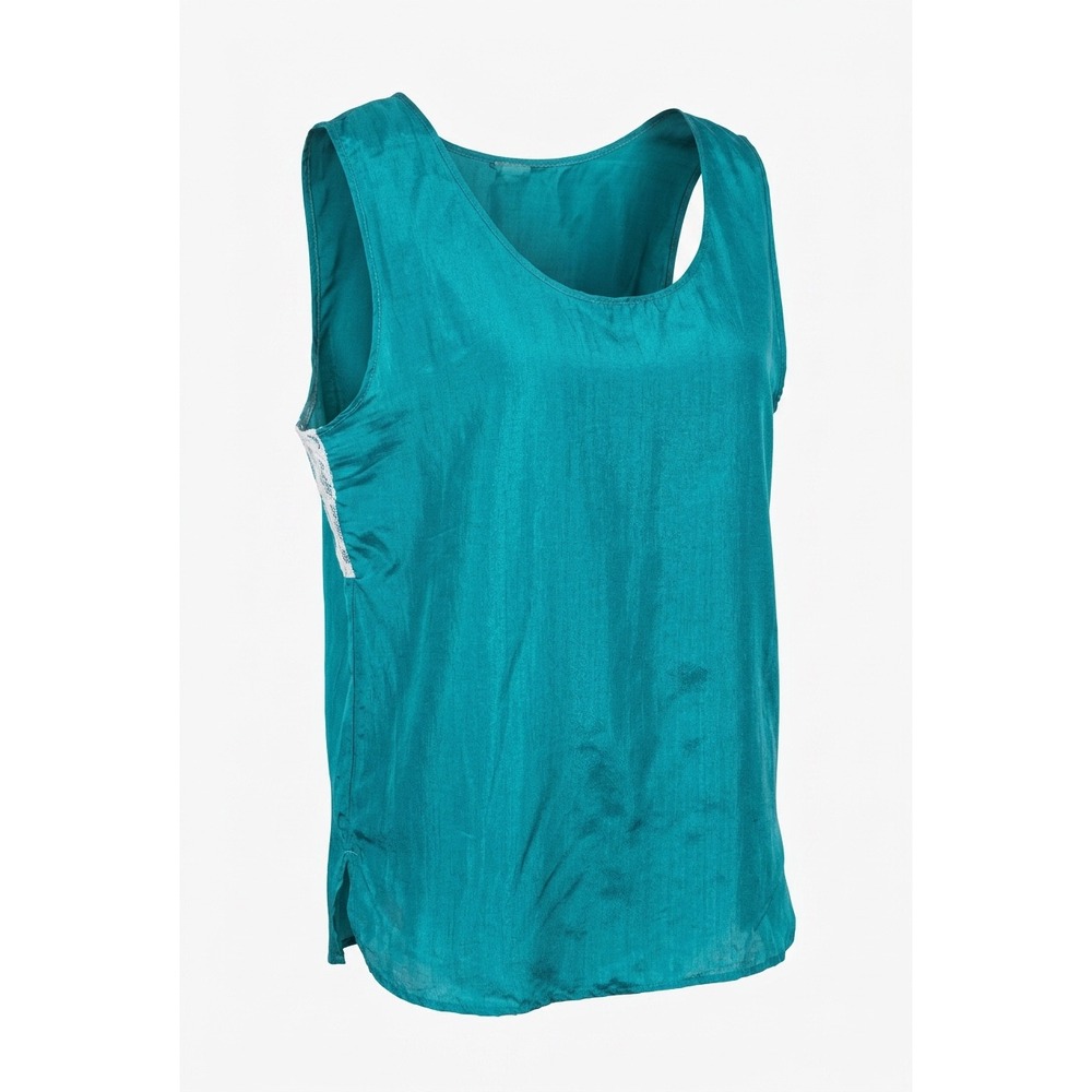 Ellen Ashley Teal Blue 100% Silk Tank Top Lace Trim Side Slits Womens Medium